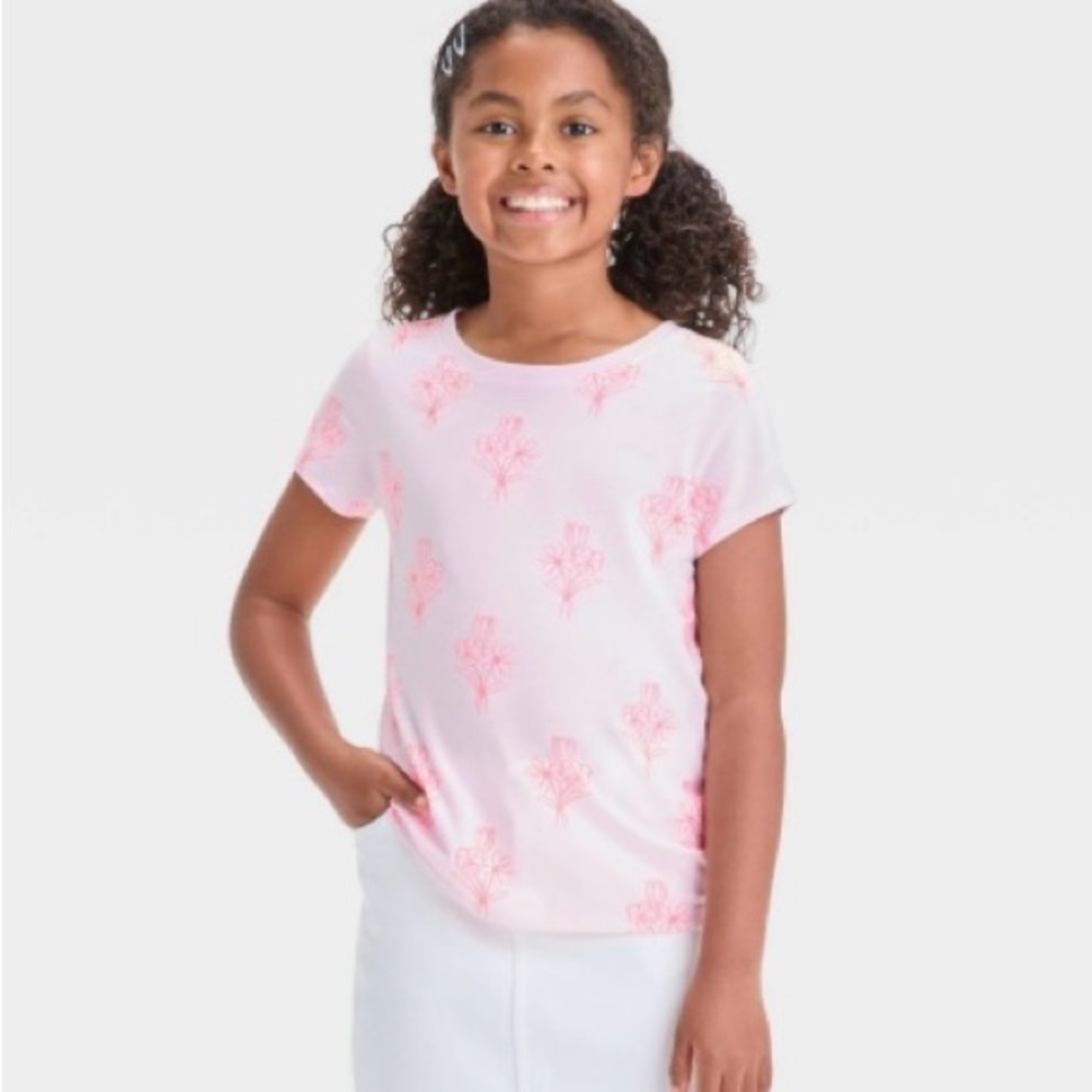 Girls' Short Sleeve Floral T-Shirt - Cat & Jack Light Pink Size Large New